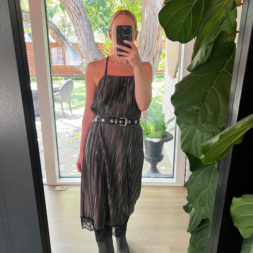 Grey Pleated Midi Dress with Black Lace Hem